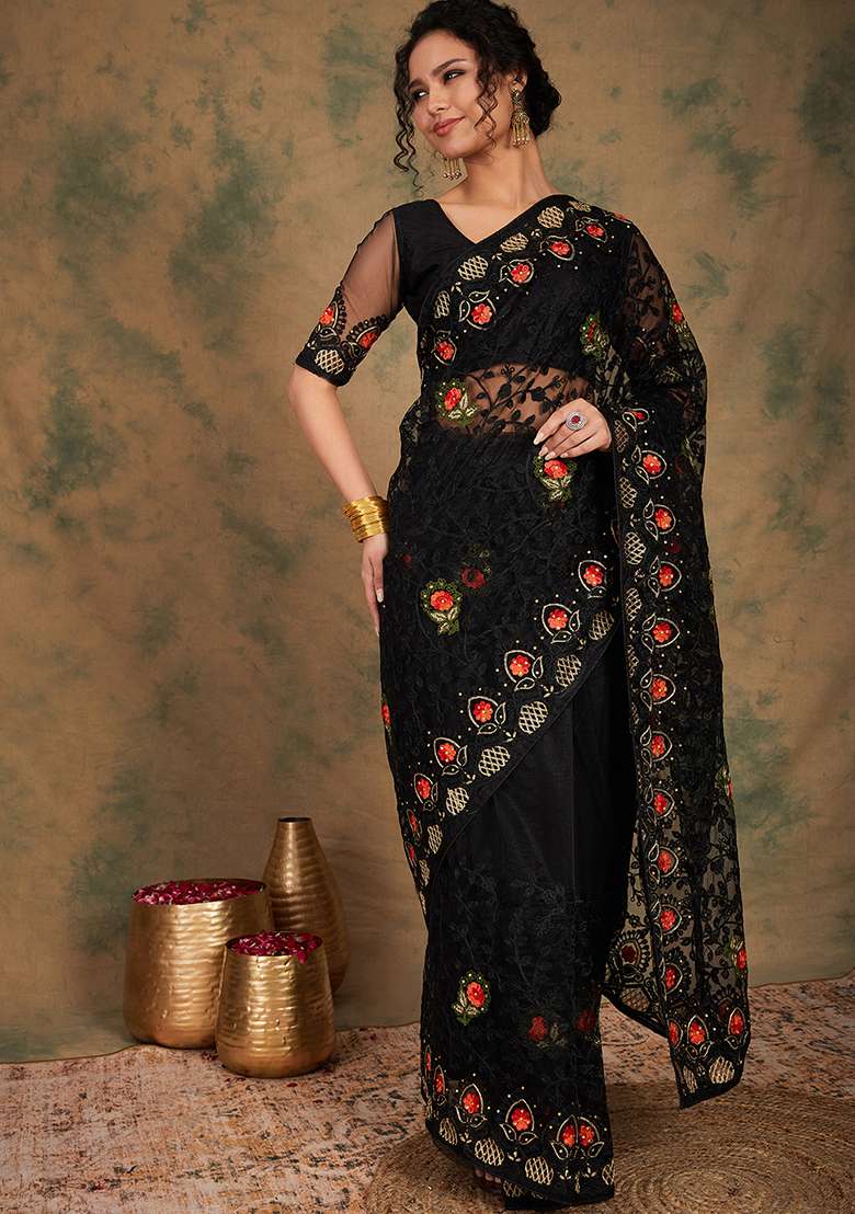 Black Embroidered Net Saree Set for Diwali and Festive Wear - Indya