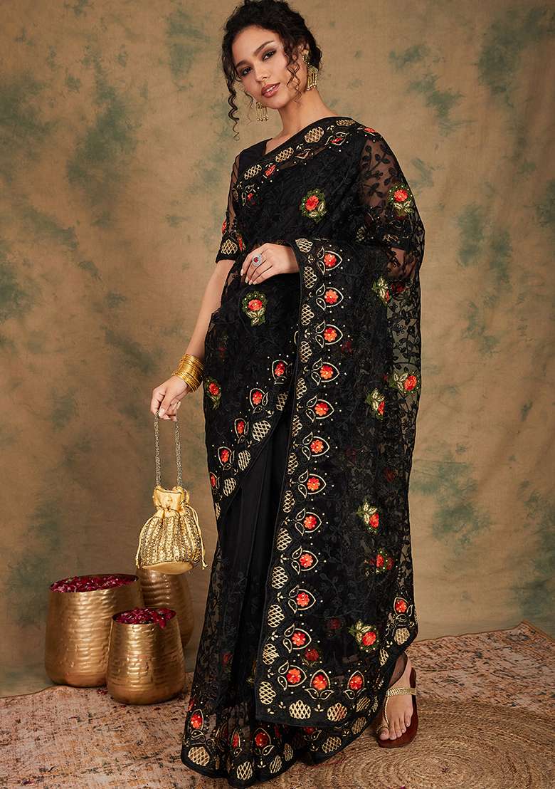 Black Embroidered Net Saree Set for Diwali and Festive Wear - Indya