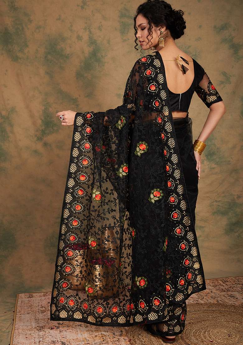 Black Embroidered Net Saree Set for Diwali and Festive Wear - Indya