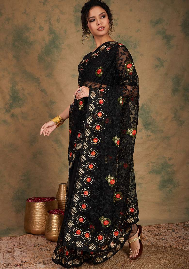 Black Embroidered Net Saree Set for Diwali and Festive Wear - Indya