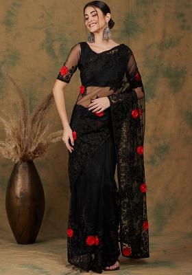 Black Embroidered Net Saree Set