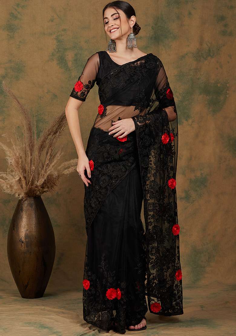 Black Net Saree Set with Embroidered for Diwali | Wedding & Festive Wear - Indya