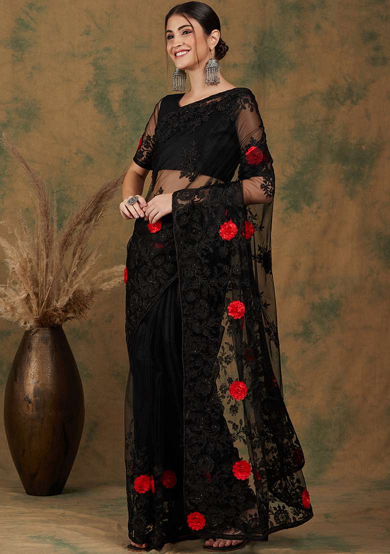 Black Net Saree Set with Embroidered for Diwali | Wedding & Festive Wear - Indya