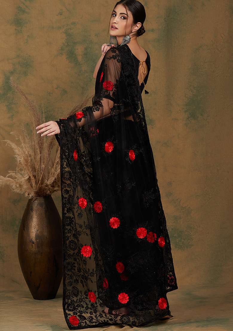 Black Net Saree Set with Embroidered for Diwali | Wedding & Festive Wear - Indya