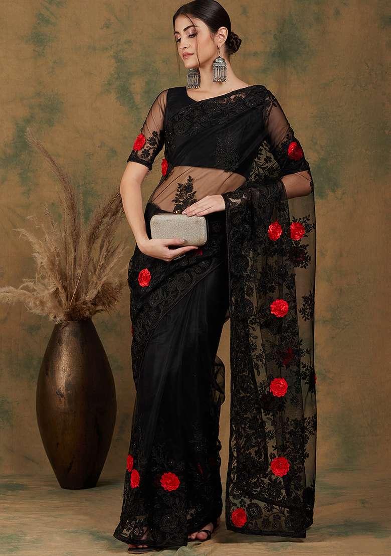 Black Net Saree Set with Embroidered for Diwali | Wedding & Festive Wear - Indya