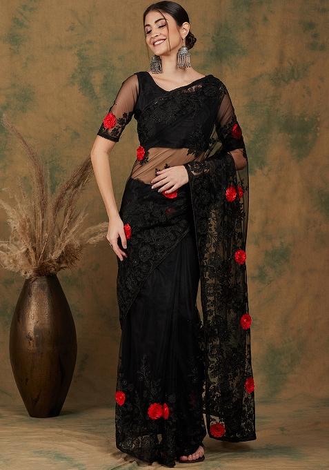 Black Embroidered Net Saree Set