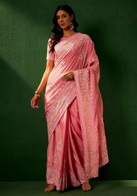 Pink Lavender Embroidered Chinon Saree Set