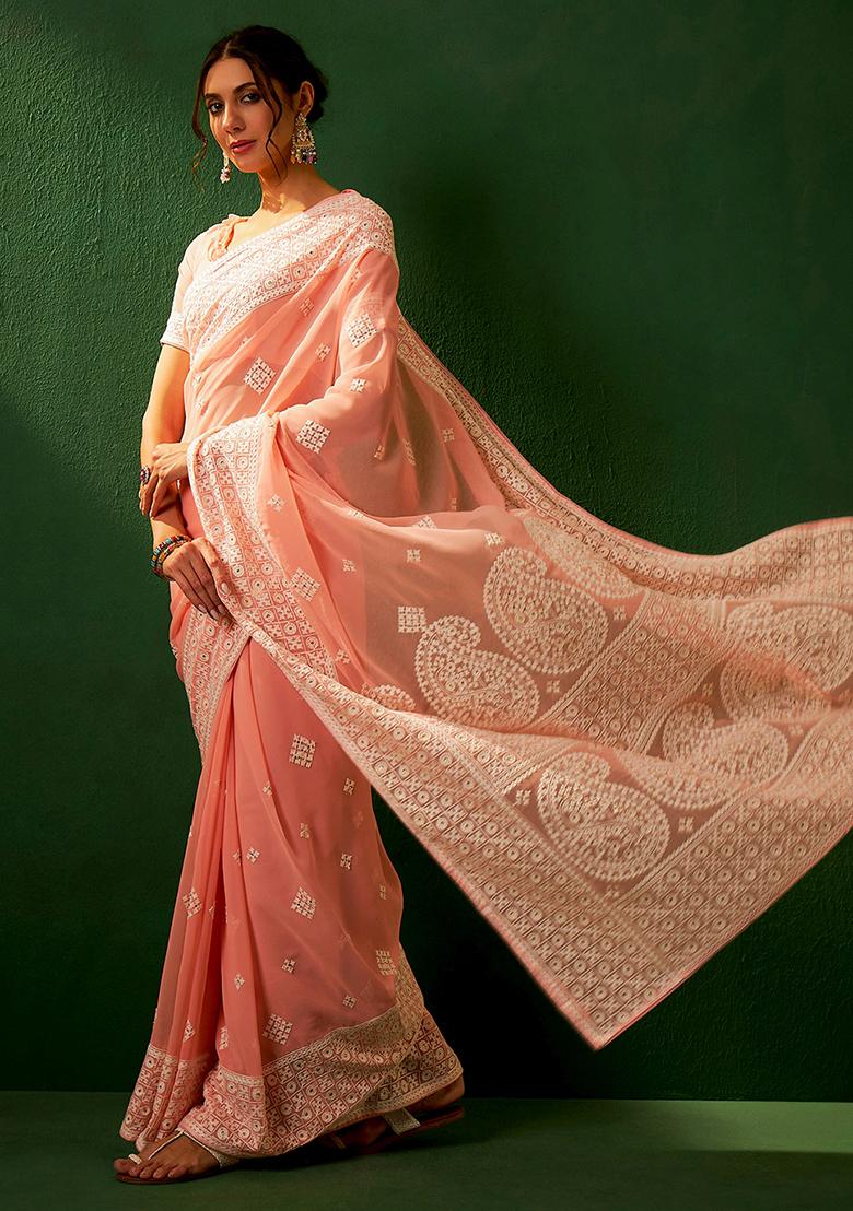 Peach Embroidered Georgette Saree Set - Indya