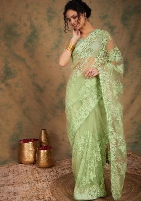 Pista Green Embroidered Net Saree Set