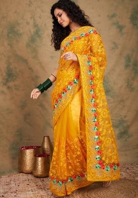 Yellow Embroidered Net Saree Set