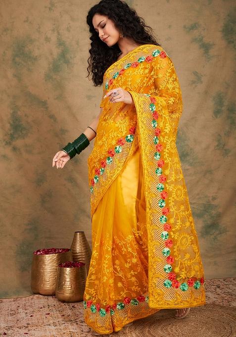 Yellow Embroidered Net Saree Set