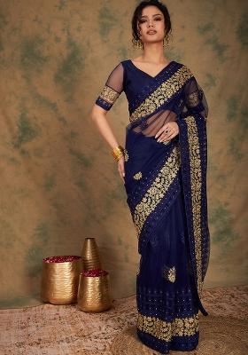 Navy Blue Embroidered Net Saree Set
