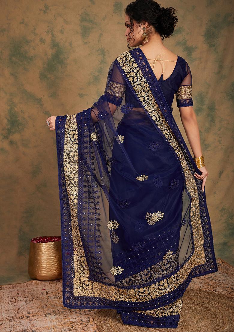 Navy Blue Embroidered Net Saree Set