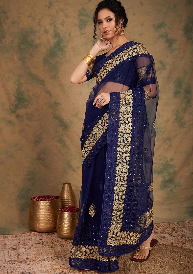 Navy Blue Embroidered Net Saree Set
