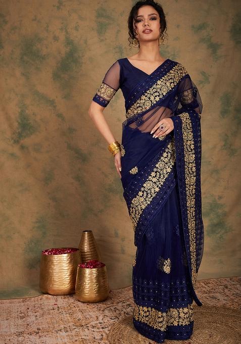 Navy Blue Embroidered Net Saree Set