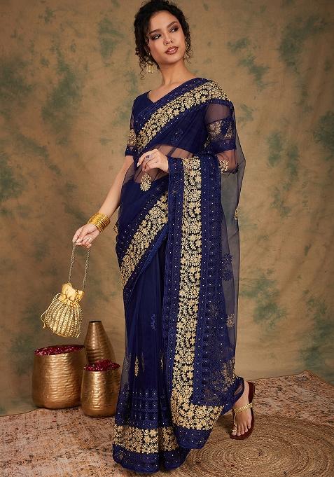 Navy Blue Embroidered Net Saree Set