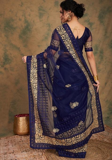 Navy Blue Embroidered Net Saree Set