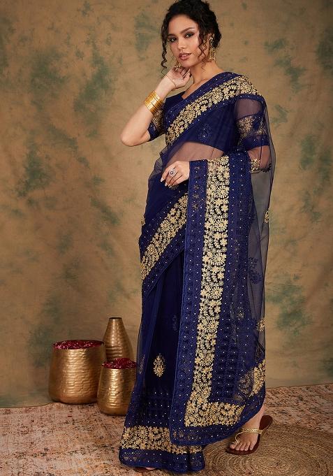 Navy Blue Embroidered Net Saree Set