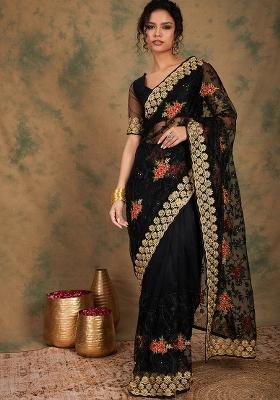 Black Embroidered Net Saree Set