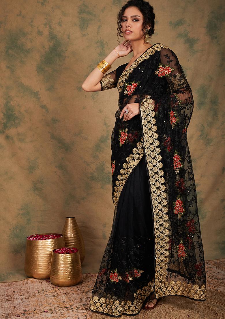 Black Embroidered Net Saree Set - Indya