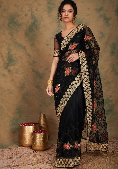 Black Embroidered Net Saree Set