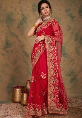 Red Embroidered Net Saree Set