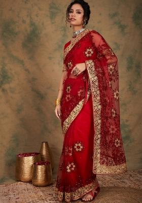 Maroon Embroidered Net Saree Set
