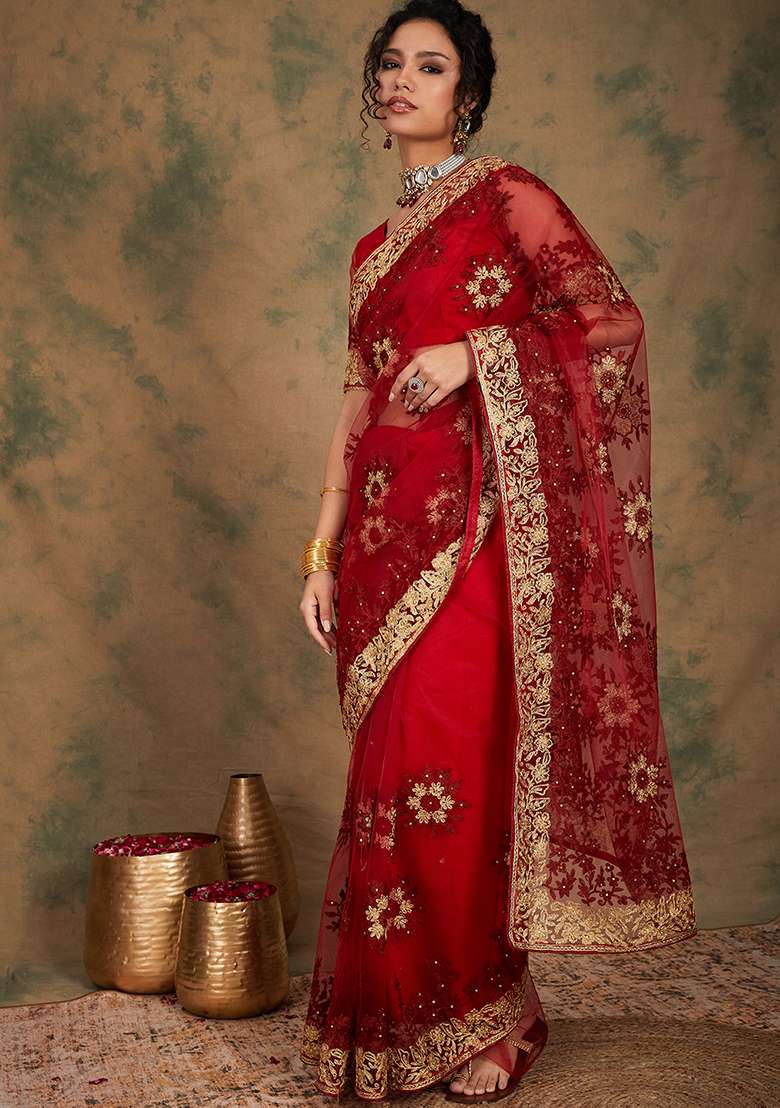 Maroon Embroidered Net Saree Set for Diwali and Festive Wear - Indya