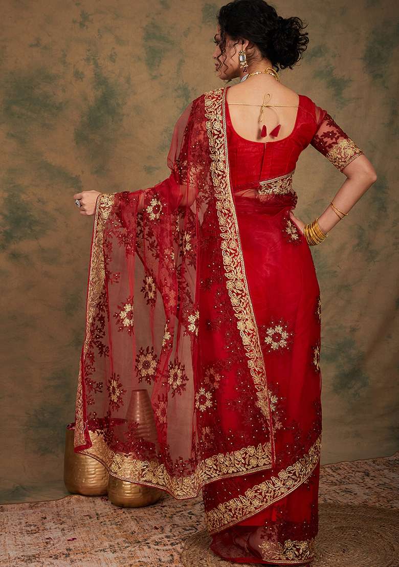 Maroon Embroidered Net Saree Set for Diwali and Festive Wear - Indya