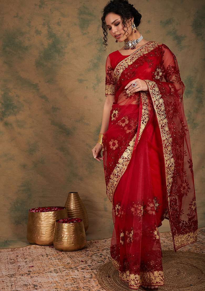 Maroon Embroidered Net Saree Set for Diwali and Festive Wear - Indya