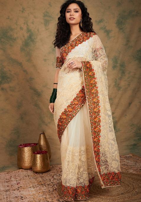 White Embroidered Net Saree Set