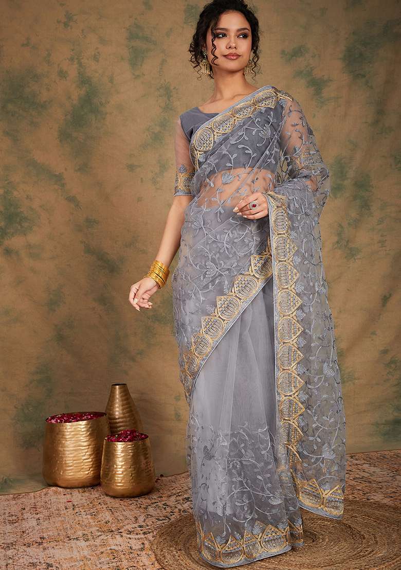 Grey Embroidered Net Saree Set - Indya