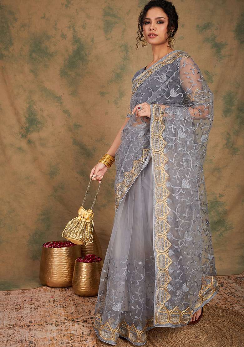 Grey Embroidered Net Saree Set - Indya