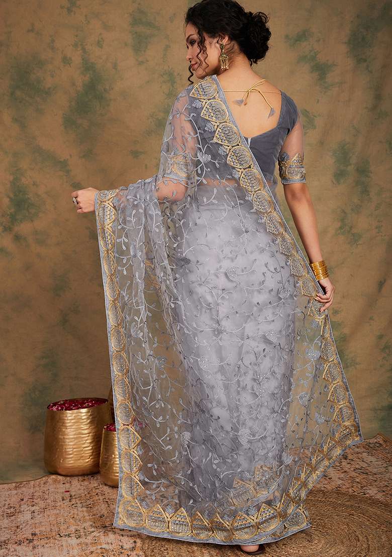 Grey Embroidered Net Saree Set - Indya