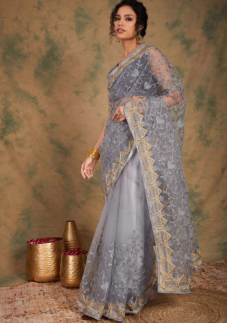 Grey Embroidered Net Saree Set - Indya