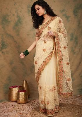 Beige Embroidered Net Saree Set