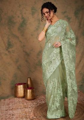 Pista Green Embroidered Net Saree Set