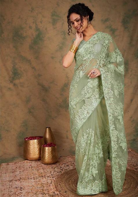 Pista Green Embroidered Net Saree Set