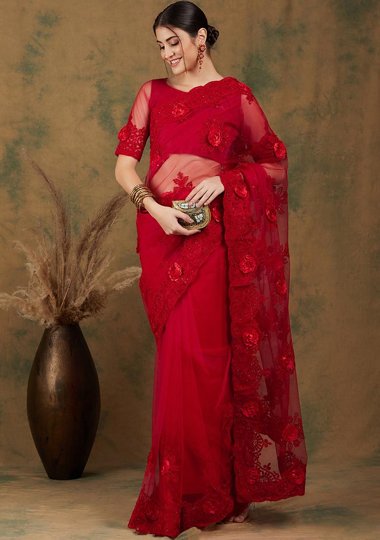 Red Embroidered Net Saree Set