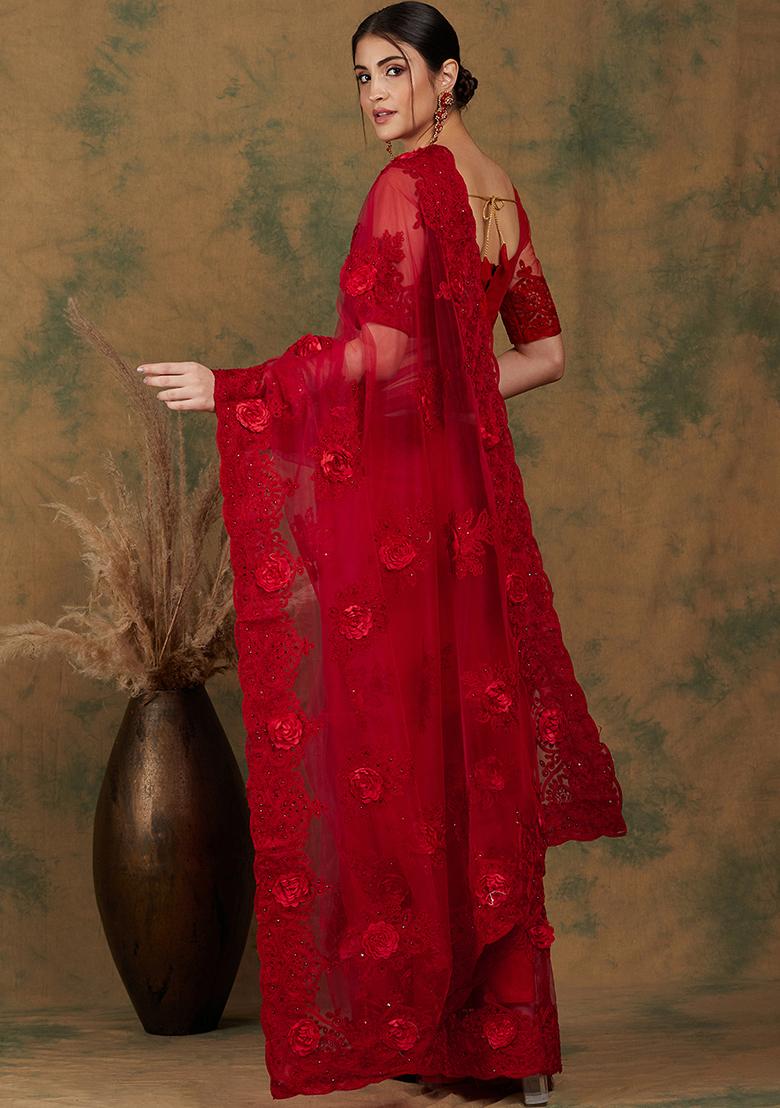 Red Embroidered Net Saree Set