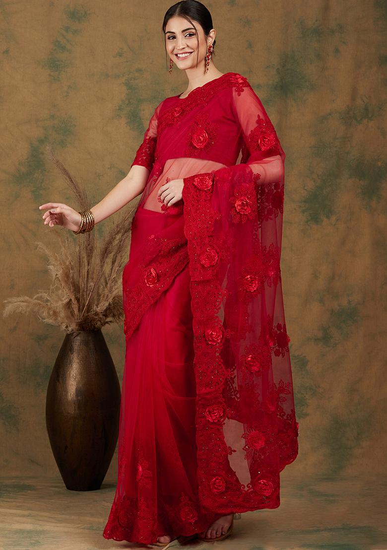 Red Embroidered Net Saree Set