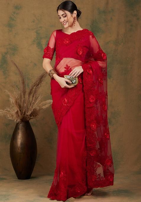 Red Embroidered Net Saree Set