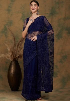 Navy Blue Embroidered Net Saree Set