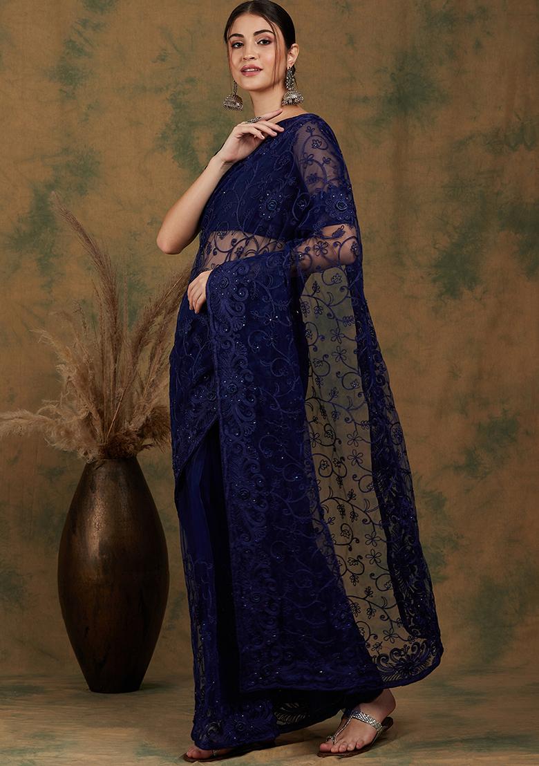 Navy Blue Embroidered Net Saree Set