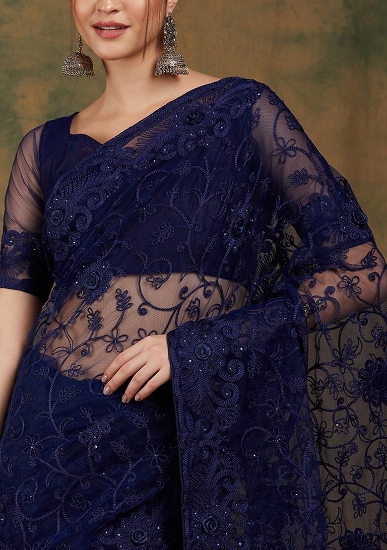 Navy Blue Embroidered Net Saree Set