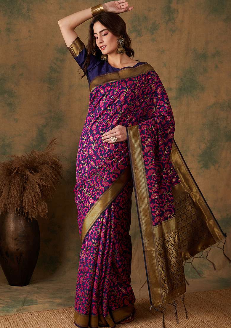 Multicolor Silk Blend Saree Set with Embroidered for Diwali | Wedding & Festive Wear - Indya