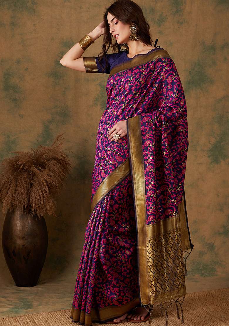 Multicolor Silk Blend Saree Set with Embroidered for Diwali | Wedding & Festive Wear - Indya