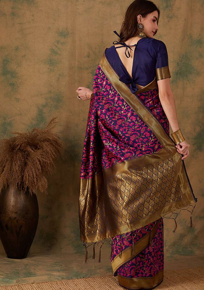 Multicolor Silk Blend Saree Set with Embroidered for Diwali | Wedding & Festive Wear - Indya