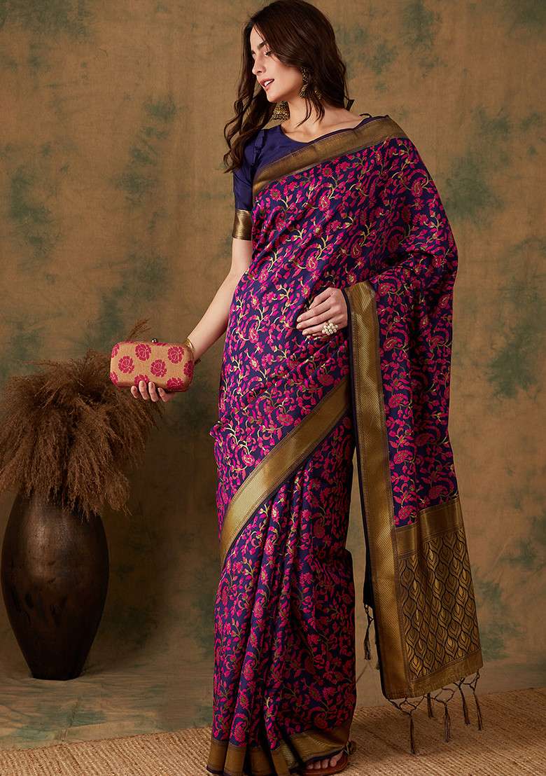 Multicolor Silk Blend Saree Set with Embroidered for Diwali | Wedding & Festive Wear - Indya