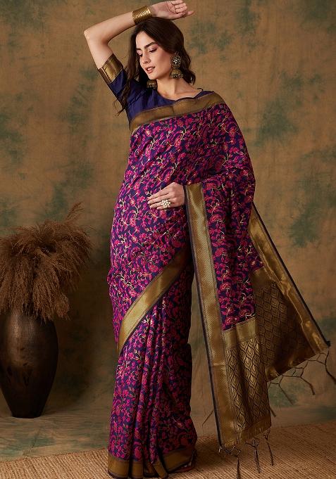 Multicolor Embroidered Silk Saree Set
